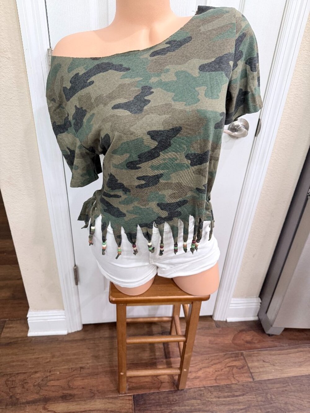 OOAK Upcycled Camo Fringe Beaded T Shirt Off Shoulder Boho Festival Top